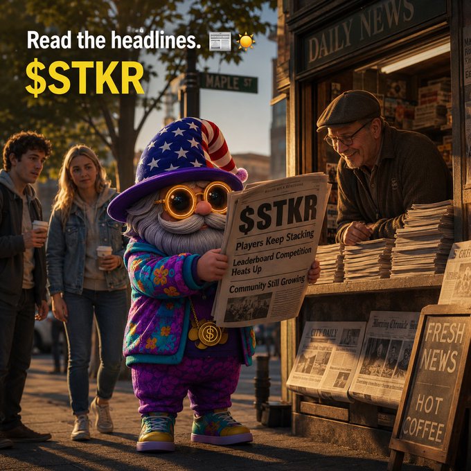 A street scene featuring a colorful gnome-like character in an American flag hat reading a newspaper headlined '$STKR', with text reading 'Read the headlines.'