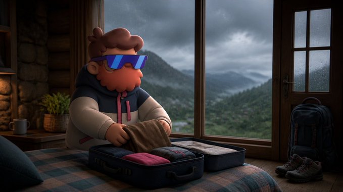 A 3D illustration of a character with curly brown hair and purple reflective sunglasses, packing clothes into a suitcase on a bed in a cozy wooden cabin, looking out a window at a misty, mountainous landscape.