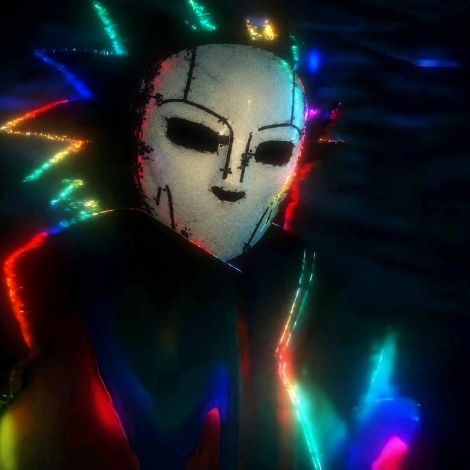 A figure wearing a featureless white mask is illuminated by colorful neon string lights against a dark background. The eerie, anonymous aesthetic of the masked figure visually reinforces the "mask on" sentiment expressed in the post, symbolizing a hidden or unidentifiable persona until a $250M market cap is reached.