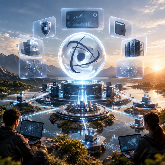 A futuristic digital landscape featuring a glowing holographic sphere surrounded by floating icons of servers, security shields, and data charts, with two people working on laptops in the foreground.