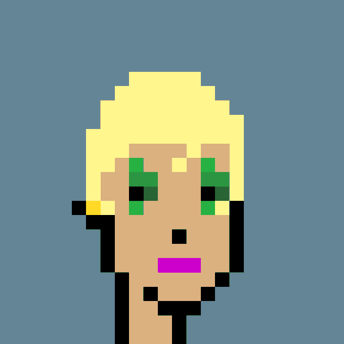 A pixelated portrait of a punk with short blonde hair, green eyeshadow, and purple lips on a gray background. This is CryptoPunk #8999, which was purchased for 30.48 ETH (~$50,353 USD) by wallet 0xb290...20c0 from 0xbacb...4fe9.