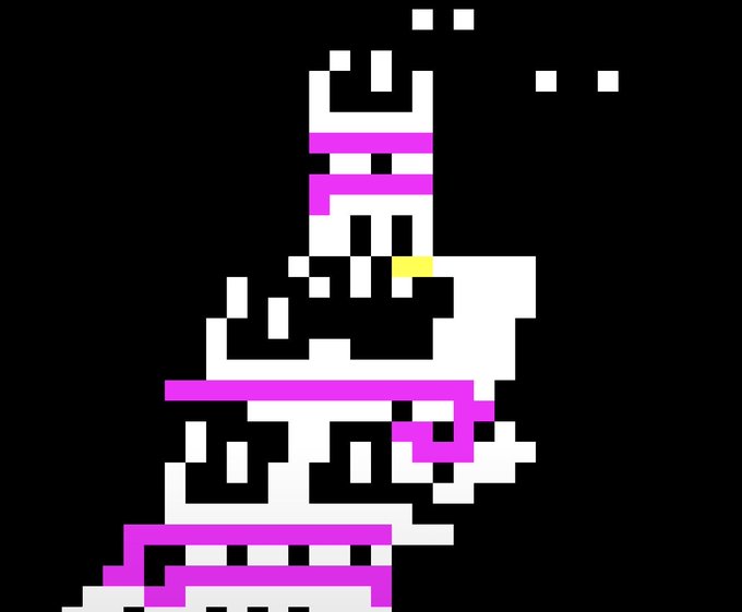 Pixel art illustration of the Undertale character Mettaton in its pink-and-white EX form against a black background.
