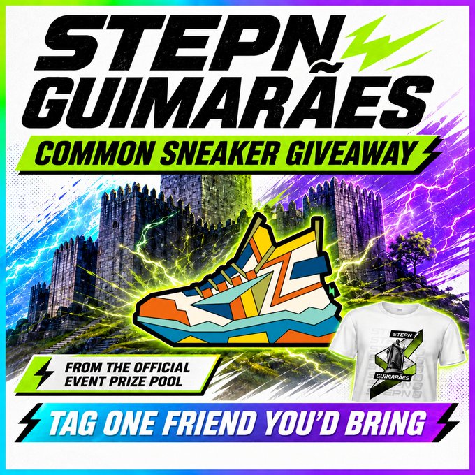 A vibrant STEPN GUIMARÃES Common Sneaker Giveaway poster featuring a colorful sneaker, castle imagery, lightning effects, and text reading 'TAG ONE FRIEND YOU'D BRING'.