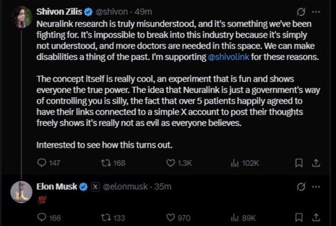 A screenshot of tweets showing Shivon Zilis (@shivon) discussing and supporting Neuralink research, with Elon Musk (@elonmusk) replying 35 minutes later with a red 100 emoji.