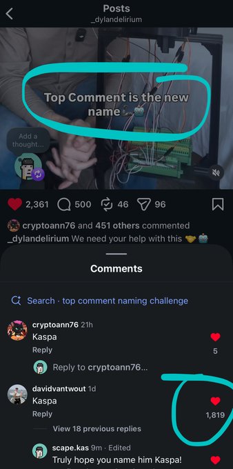 An Instagram screenshot showing a post with the text 'Top Comment is the new name' circled, where the top comment by davidvantwout reads 'Kaspa' with 1,819 likes.