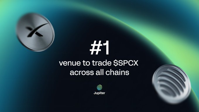 The image shows a coin with a number one written on it, which is related to the post about Jupiter being the #1 venue for trading $SPCX across all chains. The coin has a silver color and features a black x symbol on top of it.