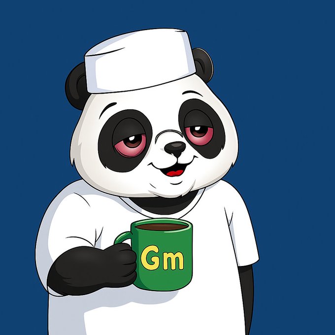 A cartoon panda wearing a white sailor hat and shirt holds a green mug displaying "Gm" against a blue background, matching the "GM" (good morning) greeting in the Web3 motivational post about staying consistent with NomismaNetwork.