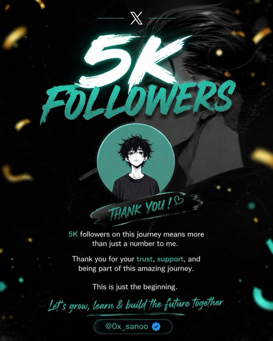 A celebratory graphic for reaching 5K followers featuring an anime-style character illustration, with text reading '5K FOLLOWERS THANK YOU!' and '@0x_sano0' displayed at the bottom.