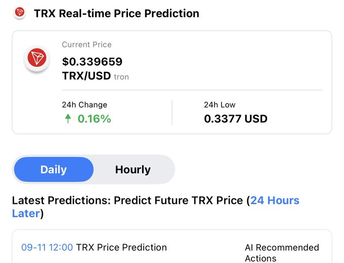 A TRX (Tron) Real-time Price Prediction page showing a current price of $0.339659 with a 24h change of +0.16% and a 24h low of 0.3377 USD, with tabs for Daily and Hourly predictions.