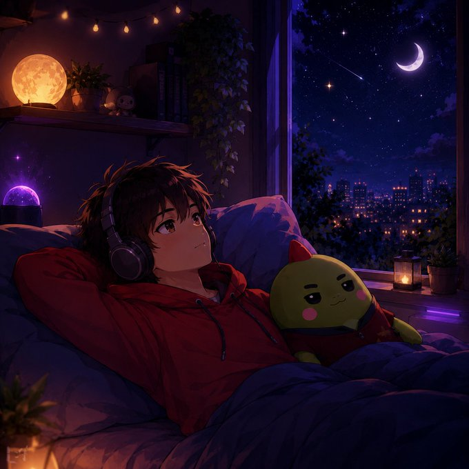 The image features a young man lying down in bed with headphones on his head, wearing a red hoodie. He has a green stuffed animal next to him, possibly a teddy bear or a plush toy. The scene takes place at night, as indicated by the presence of stars and a moon visible through an open window. The image also includes some text that reads "What if your sleep data could do more than just track your nights? @Sleepagotchi started as a sleep to earn app, but it'S evolving into something much bigger". This suggests that there might be a connection between the man's sleep habits and his overall well-being or even an AI-powered sleep tracking system.
