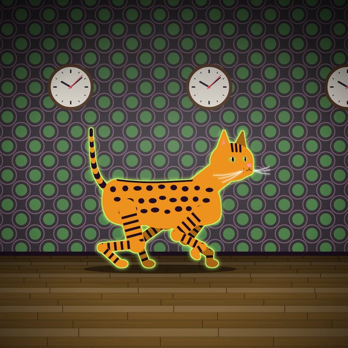 An animated orange spotted cat with black stripes running across a wooden floor against a patterned green and purple wall with three clocks.