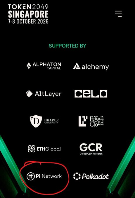 A screenshot from TOKEN2049 Singapore (7-8 October 2026) website showing supporters, with 'Pi Network' circled in red among sponsors like Alphaton Capital, Alchemy, AltLayer, CELO, and Polkadot.