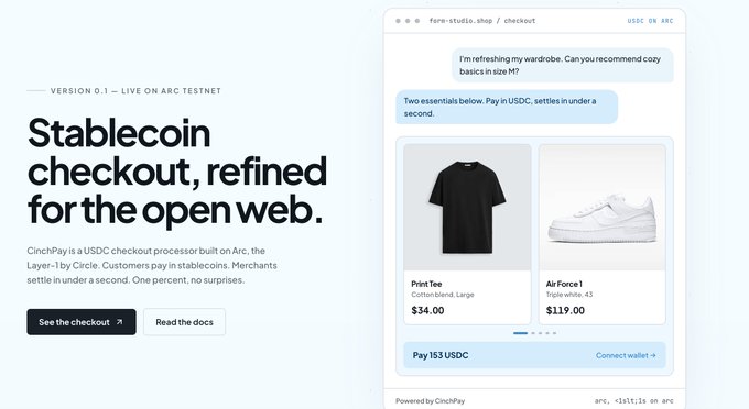 The image shows an email advertisement promoting a stablecoin payment processor for shopping online, specifically for the @arc brand. The focus of the email appears to be providing information about how the payment processor works and encouraging users to "Been heads down few weeks finally ready to share it CinchPay stablecoin checkout processor on @arc How it works: merchant drops a Pay button on their site customer clicks wallet auto switches to Arc they approve in under a second. The USDC lands in the merchant'S wallet no". The email's main message is to inform users about the product and its function, while also directing them towards the payment processor for secure transactions with the @arc brand.