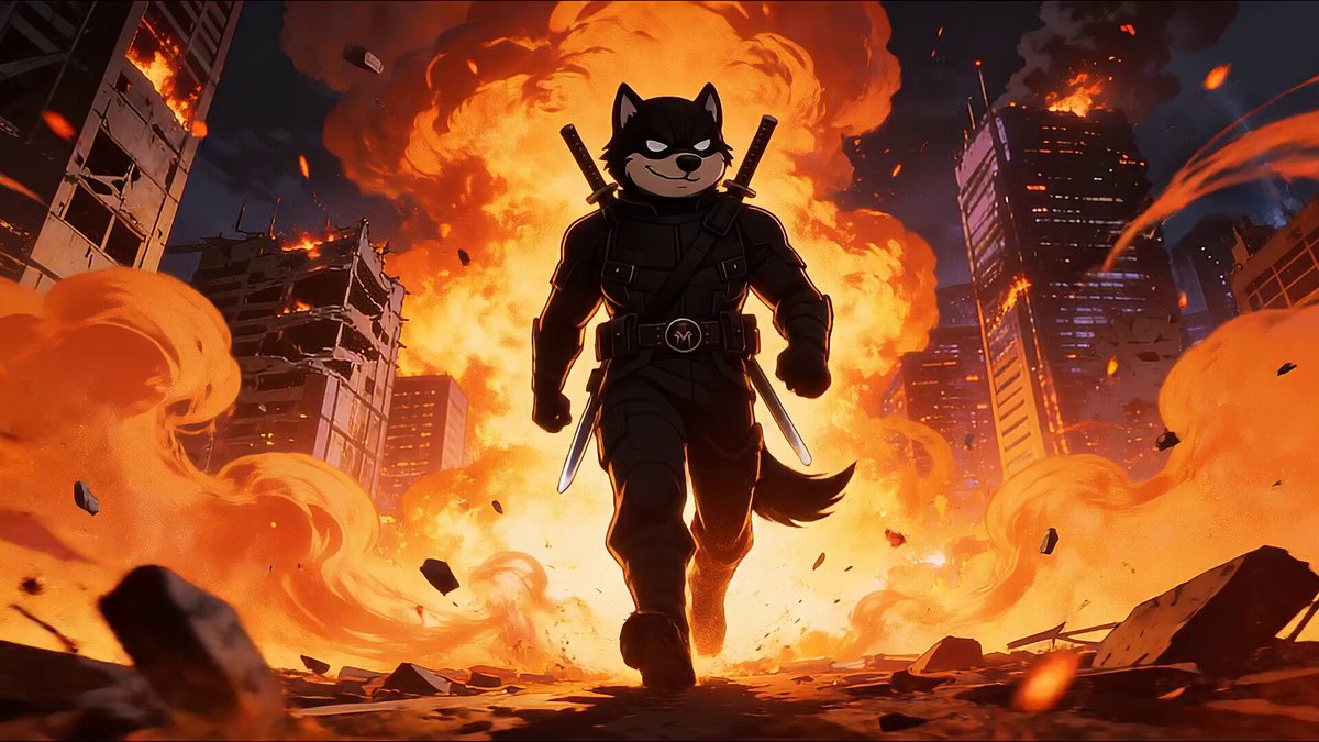 The image features a cartoon dog dressed as a superhero, walking through a city filled with explosions and rubble. The background of the image shows buildings that have been destroyed by fires or explosions, creating an intense atmosphere. The caption above the image reads "This market about to flip $MANU will full send to the moon". This suggests that there is a significant event happening in the city, possibly related to a superhero character or a similar theme.