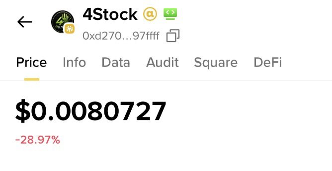 A cryptocurrency price screen showing '4Stock' with the contract address '0xd270...97ffff' and a price of '$0.0080727' with a '-28.97%' decrease in red text.