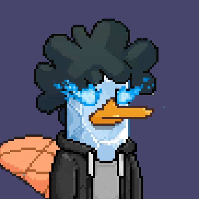 A pixel art duck character with an afro, orange beak, and glowing blue eyes wearing a dark hoodie appears alongside a giveaway post announcing 15 guaranteed whitelist spots for an upcoming free mint, where the duck serves as a distinctive mascot to attract NFT community engagement.