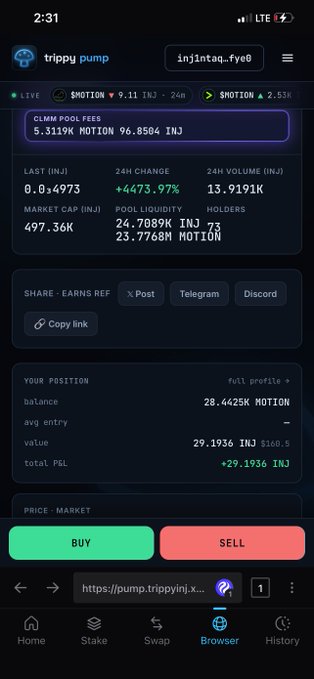 A mobile screenshot of a cryptocurrency trading interface showing the 'trippy pump' (inj1ntaq_fye0) pool on a DEX browser, with 5,3119K MOTION at 96.8504 INJ, displaying market stats and BUY/SELL buttons.