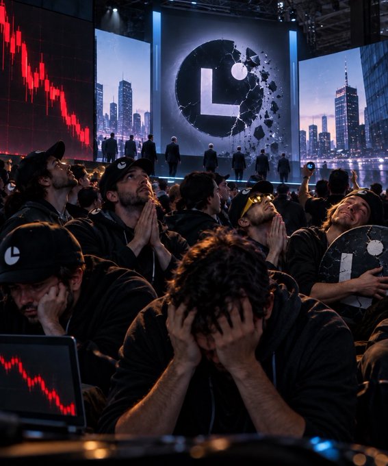 A dystopian scene showing a distressed crowd of people watching screens displaying crashing cryptocurrency charts and a shattering "L" logo against a city skyline.