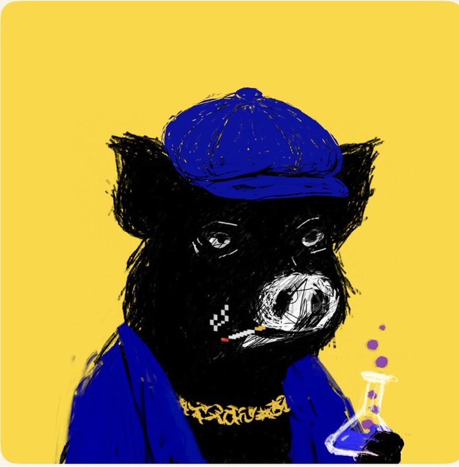 A stylized illustration of a black pig wearing a blue cap and jacket, smoking a cigarette and holding a bong with purple smoke, against a yellow background.