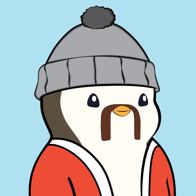 A cartoon penguin wearing a gray knit beanie with a pom-pom and a red jacket, featuring a distinctive brown mustache against a light blue background.