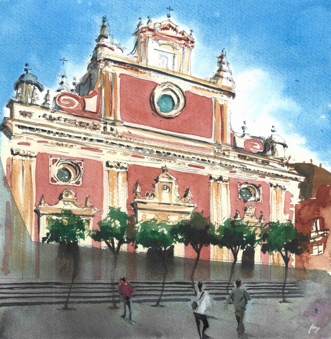 A watercolor-style painting of an ornate red and cream-colored church or basilica facade, with small figures of people and trees in the plaza below.