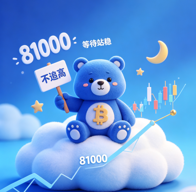 A 3D-rendered blue teddy bear with a Bitcoin logo on its chest sits on a fluffy cloud holding a sign that says "不追高" (Don't chase highs), with the number "81000" and Chinese text "等待站稳" (Wait for it to stabilize) floating above, set against a blue sky background with stock chart graphics.