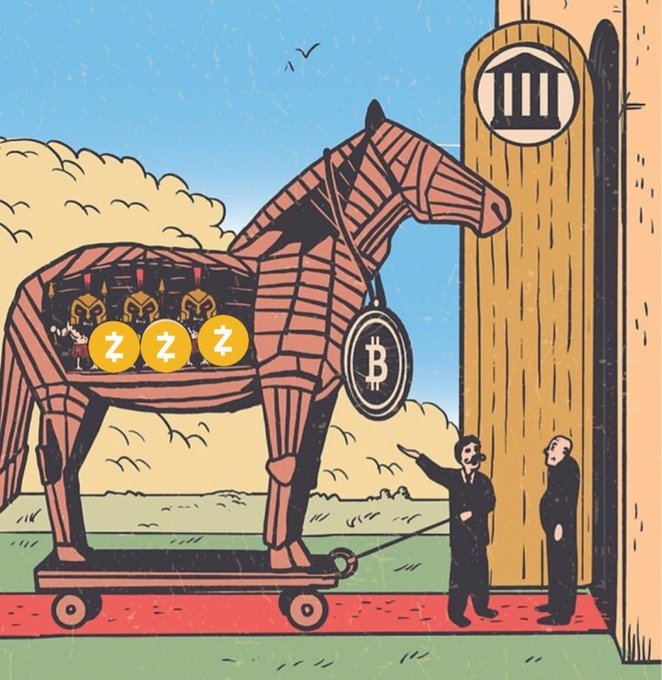 A cartoon illustration shows a Trojan horse containing sleeping soldiers with 'Z' symbols, with a Bitcoin medallion hanging from its neck, presented to two businessmen near a building bearing a classical temple logo.