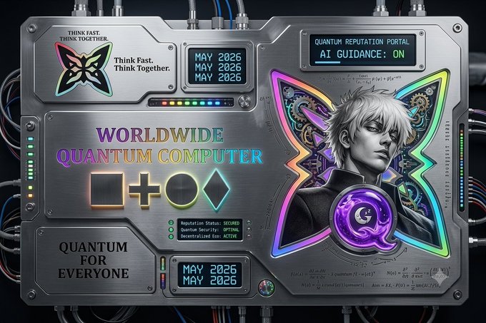 A sci-fi themed graphic titled 'WORLDWIDE QUANTUM COMPUTER' featuring a metallic panel with neon accents, a character illustration on the right, and text including 'THINK FAST, THINK TOGETHER', 'MAY 2026', and 'QUANTUM FOR EVERYONE'.