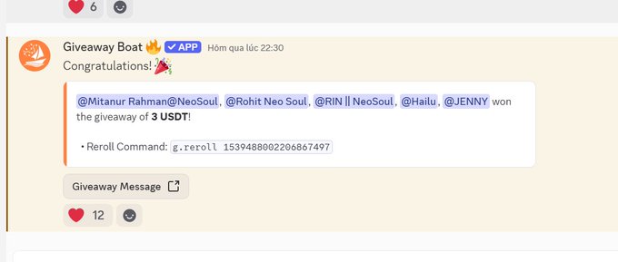 A Discord giveaway message from Giveaway Boat announcing that @Mitanur Rahman, @NeoSoul, @Rohit Neo Soul, @RIN NeoSoul, @Hailu, and @JENNY won 3 USDT, with a reroll command provided.