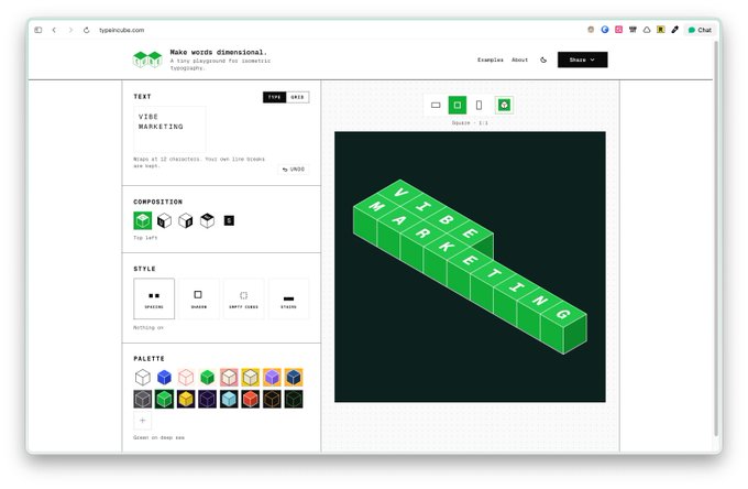 A screenshot of the "type3d.com" website, a tool designed to "Make words dimensional," displaying the text "VIBE MARKETING" styled as green 3D blocks.