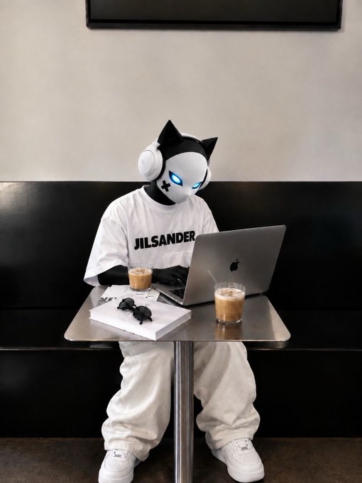 A figure wearing a black and white cat mask with headphones, a 'JILSANDER' t-shirt, and white pants, sits at a cafe table working on a laptop with iced coffees.