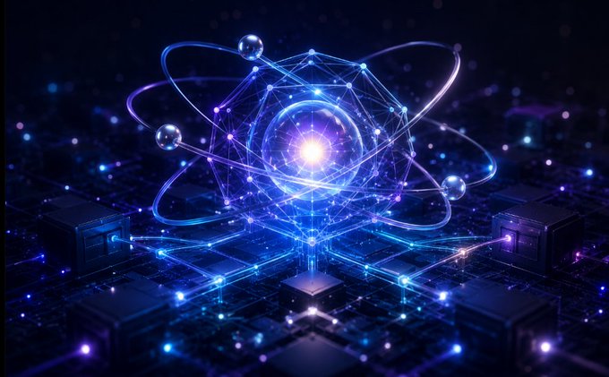 A futuristic digital artwork depicting a glowing blue and purple geometric atomic or molecular structure with interconnected nodes and rings, set against a dark circuit board background.