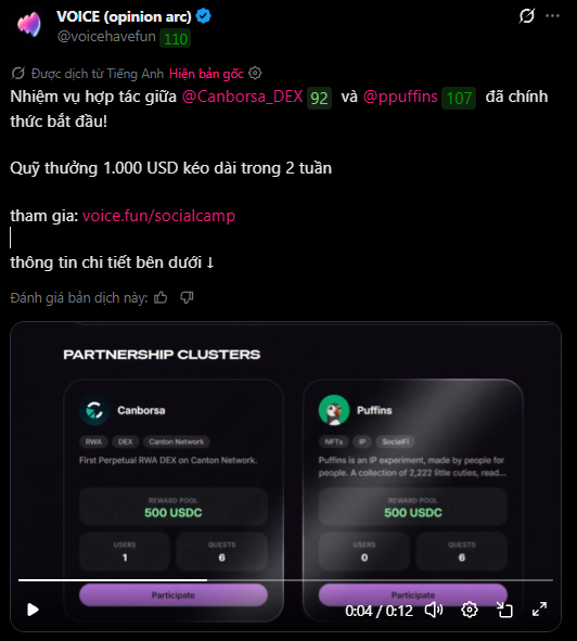 The image shows a screenshot of a post on Twitter. The content appears to be focused on an advertisement for a voice-based app, specifically about networking and collaboration among individuals. The main focus of this post is to discuss Canborsa, a company related to the VoiCerveir network. There are two posts displayed in the image: one containing a screenshot of the first part of a conversation between two people, and another post discussing the user interface (UI) of the application that could be used for networking purposes. The post also contains some information about the app's financial backing by Canborsa DEX.