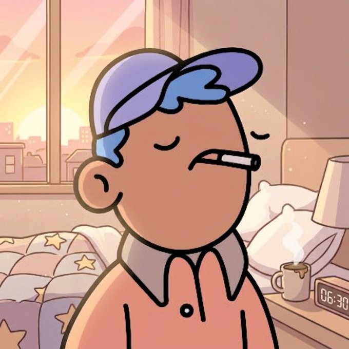 An animated illustration of a boy wearing a blue cap with his eyes closed, holding a cigarette in his mouth in a bedroom at 06:30 AM.