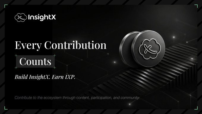 A sleek black promotional banner for InsightX featuring the tagline "Every Contribution Counts" and "Build InsightX. Earn IXP," alongside a 3D metallic token stamped with the InsightX cloud logo, visually reinforcing the post's message about the newly launched IXP Community Campaign that rewards ecosystem contributors with points tied to 5% of the future token supply.