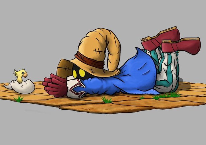 A character artwork featuring a wizard with a yellow hat and blue robe lying face-down on a stone path, with a small yellow chick hatching from an egg nearby.