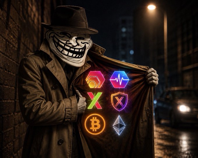 A surreal AI-generated image of a figure wearing a fedora hat and grinning mask, opening their coat to reveal glowing cryptocurrency logos including Bitcoin and Ethereum icons on a dark street.
