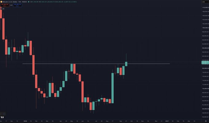 A weekly candlestick chart of Bitcoin/U.S. Dollar (BTC/USD) on TradingView shows price action ranging from roughly $60,000 to $110,000, with a horizontal resistance line drawn near the May high around $78,000–$80,000, where the current weekly candle is attempting to break above—visually illustrating Cowen's note that a weekly close above this level would strengthen the bull case.