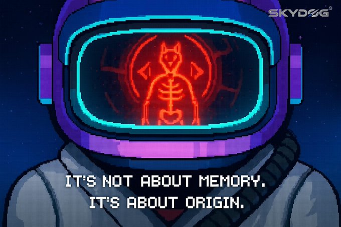 A pixel art astronaut by Skydog featuring a skeletal cat figure inside the helmet visor, with the caption 'IT'S NOT ABOUT MEMORY. IT'S ABOUT ORIGIN.'