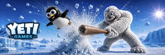 A cartoon penguin and a fluffy yeti clash on a frozen landscape under a bright sun, with the "YETI GAMES" logo displayed on the left and ice fragments scattering from their impact. The image's playful yeti theme visually represents the "$YETI" cryptocurrency mentioned in the post, reinforcing the "diamond hands" conviction and strong trading volume the author highlights.