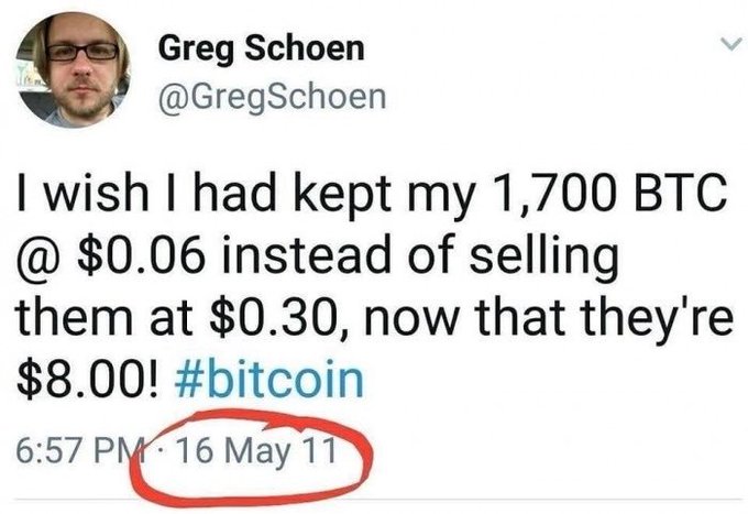 A tweet from Greg Schoen (@GregSchoen) dated 16 May 11 reads 'I wish I had kept my 1,700 BTC @ $0.06 instead of selling them at $0.30, now that they're $8.00! #bitcoin', with the date circled in red.