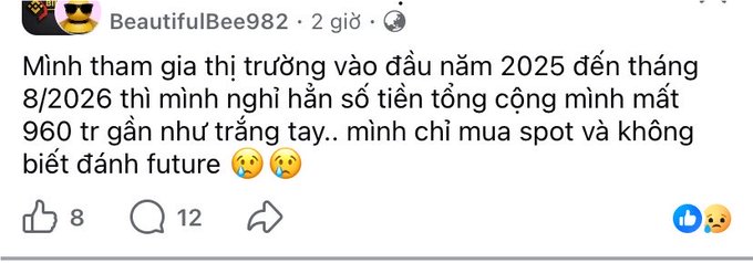 A Facebook post by BeautifulBee982 in Vietnamese discusses losing approximately 960 million VND in the market from early 2025 to August 2026 while only trading spot and not knowing how to trade futures.
