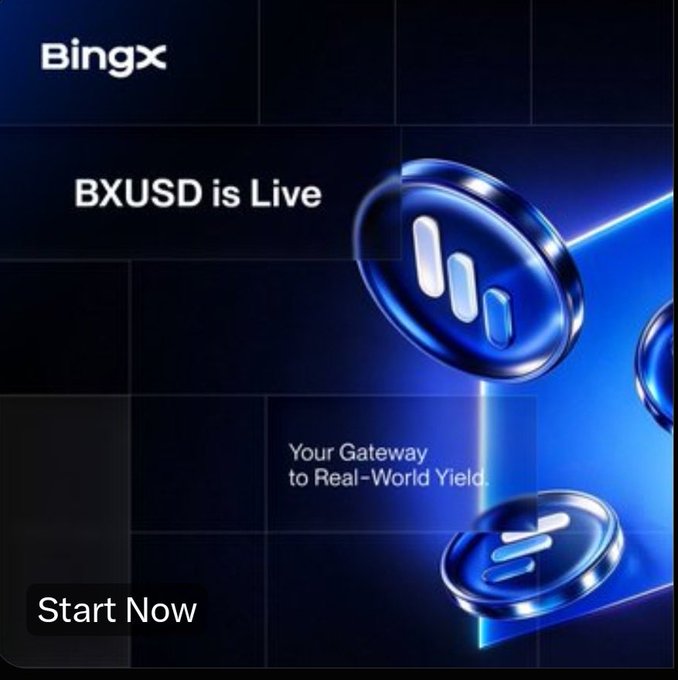 A dark blue promotional graphic for BingX displays 'BXUSD is Live' and 'Your Gateway to Real-World Yield' alongside 3D-rendered blue coins.