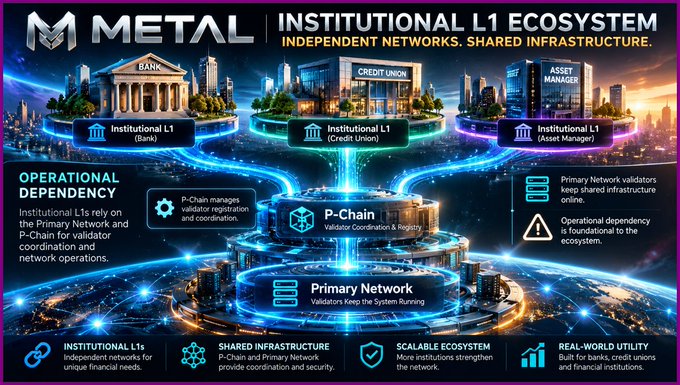 An infographic for 'METAL INSTITUTIONAL L1 ECOSYSTEM' depicting a digital network connecting Banks, Credit Unions, and Asset Managers through a Primary Network and P-Chain.