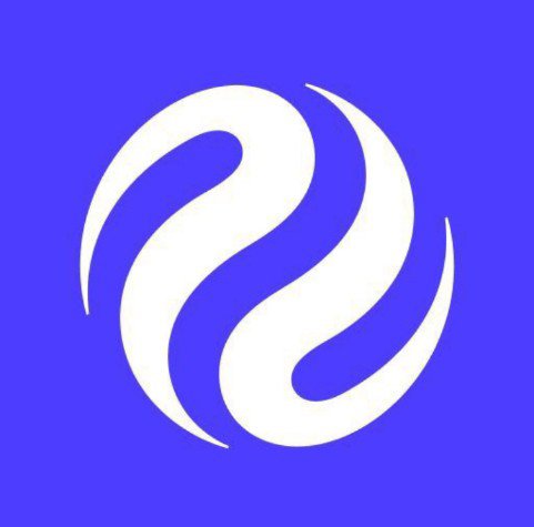 A blue square logo features a white, stylized swirling design.