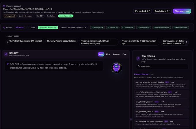 A web interface for the Phoenix platform displays agent account details, health metrics, prompt seeds, and a 'Tool catalog' with options like 'analyze_phoenix_account_health'.