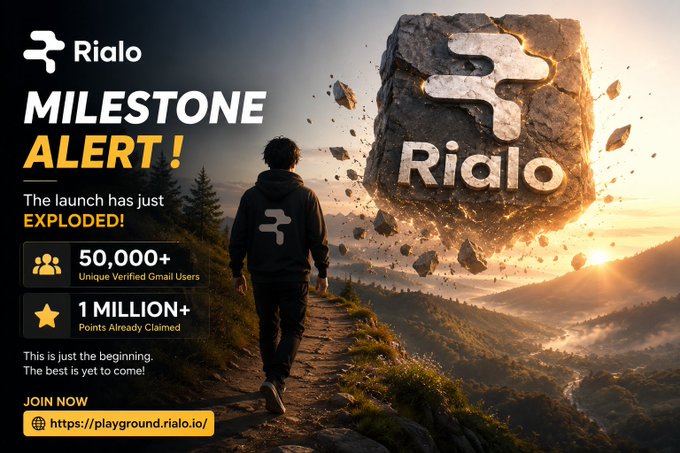 A promotional milestone alert graphic for 'Rialo' showing 50,000+ Unique Verified Gmail Users and 1 MILLION+ Points Already Claimed, with a link to https://playground.rialo.io/.