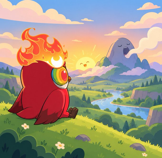 An illustration of a red owl-like creature with flame-shaped ears sits on a grassy hill, watching a smiling face in the sunset over a valley, river, and mountains.