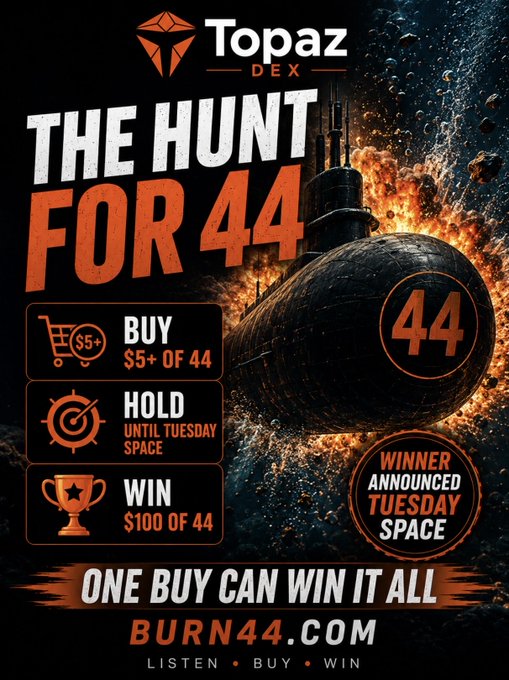 A promotional poster for 'Topaz DEX - The Hunt for 44' featuring a submarine, with instructions to buy $5+ of 44, hold until Tuesday Space, and win $100, at BURN44.COM.