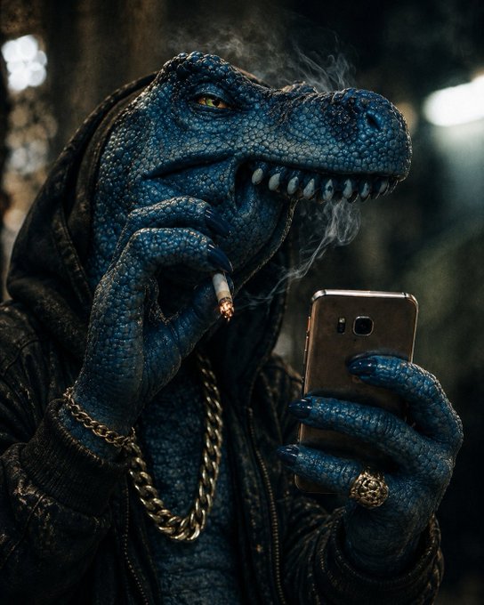 A stylized illustration of an anthropomorphic blue dinosaur or lizard wearing a hoodie and gold chain, smoking a cigarette while scrolling on a smartphone.